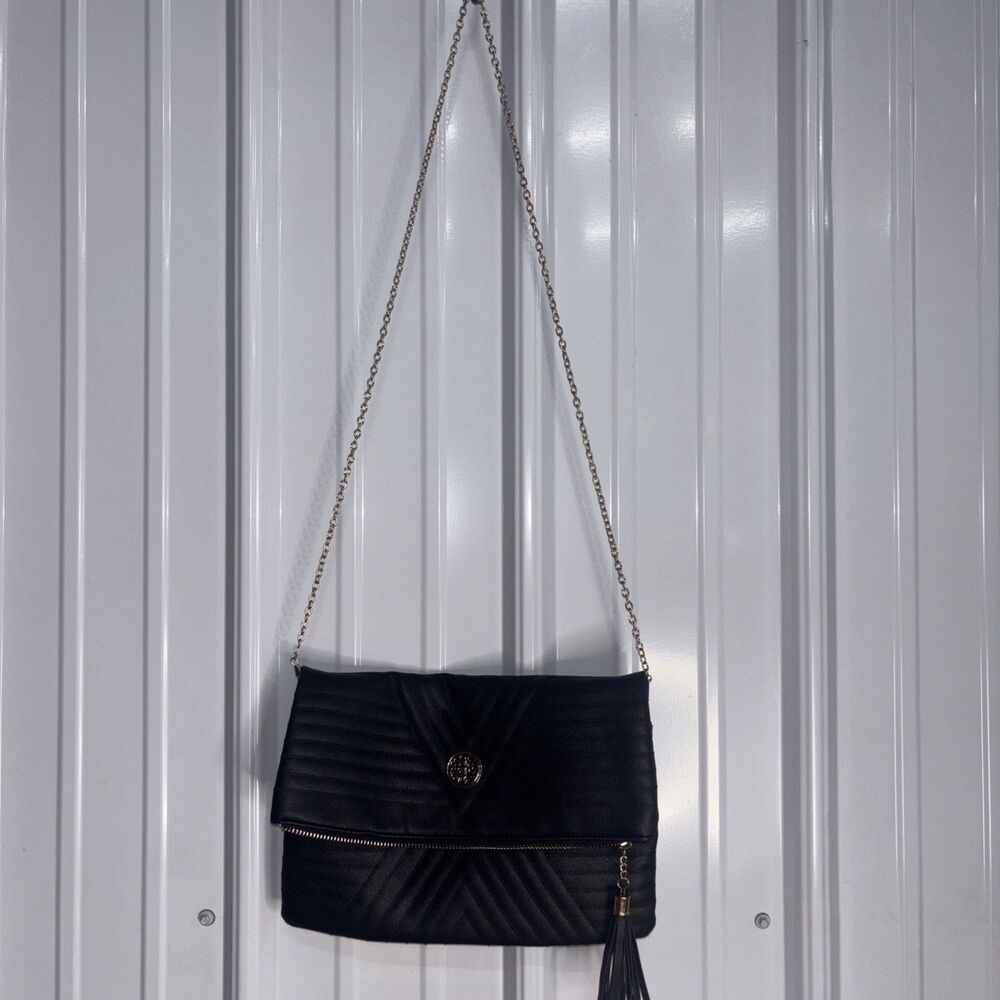 Black Crossbody Bag With Gold Tone Chain Strap
